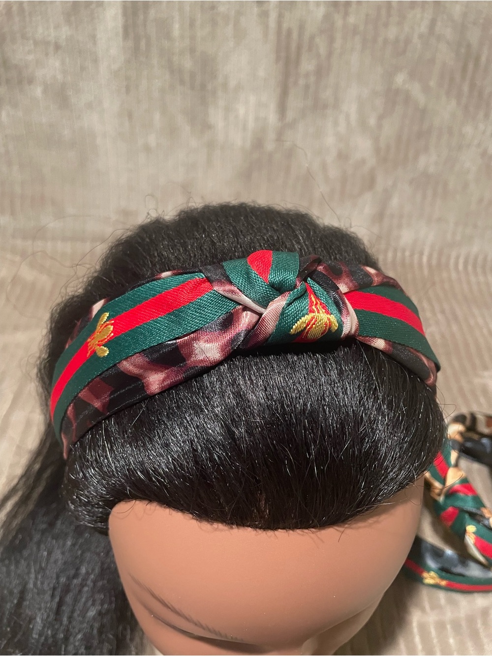 Striped Green and Red Knot Headband - Purple Leopard